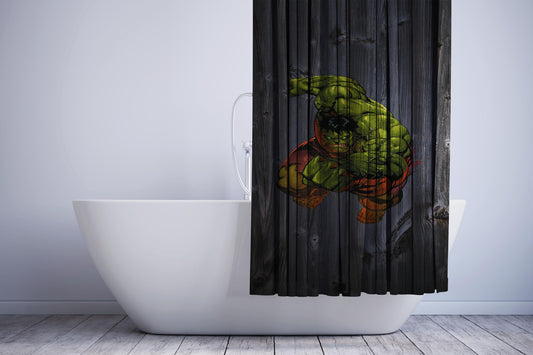 Avengers Marvel Hulk Logo Dark Wood Wallpaper Shower Curtain