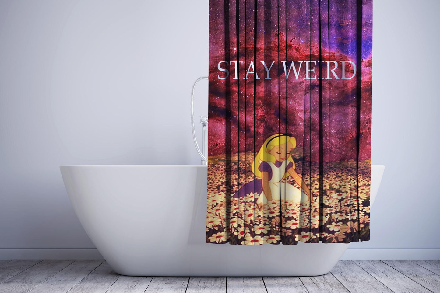 Alice In Wonderland Stay Weird Galaxy Shower Curtain