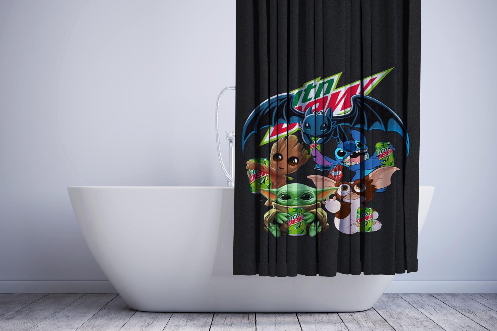 Baby Yoda Groot Toothless Stitch Gizmo Mountain Dew Shower Curtain