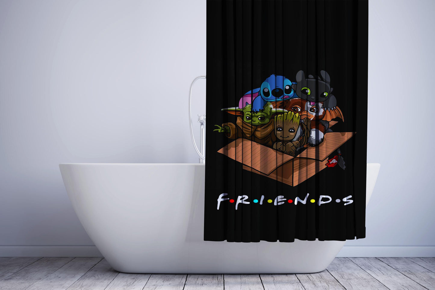 Baby Yoda Stitch Night Fury And Groot In The Box Shower Curtain