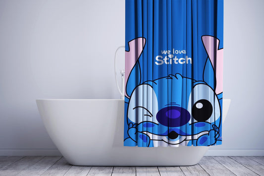 Blue We Love Stitch Shower Curtain