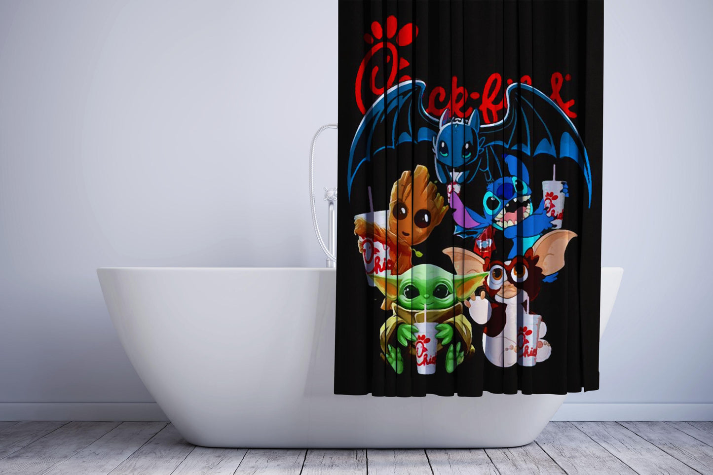 Chick Fil A Baby Yoda Groot Toothless Stitch Gizmo Shower Curtain